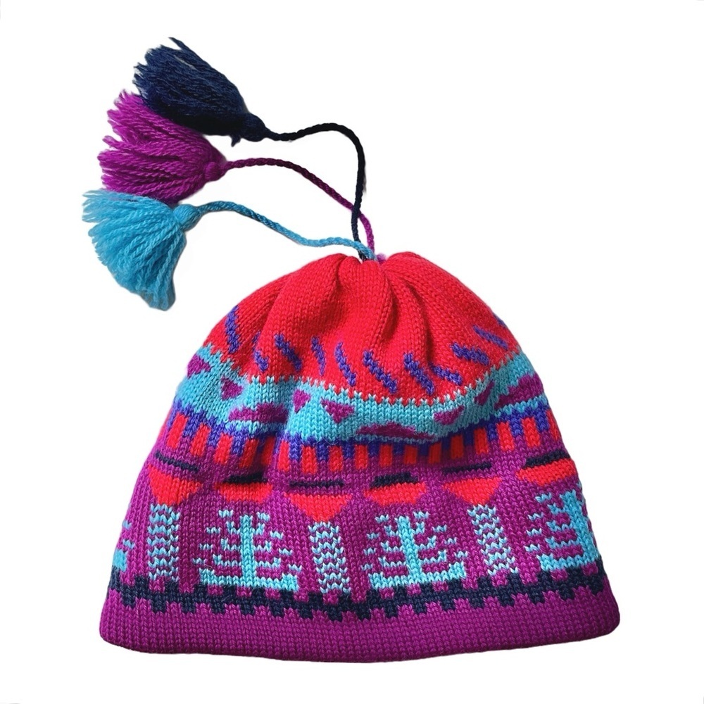 Colourful Vintage 100% Wool Toque Hat, Fleece Lined, Tassels, Made in Canada - Picture 3 of 8